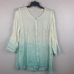 Eileen Fisher Shirt Womens 1X Green Ombre 100% Linen Button Front Tunic